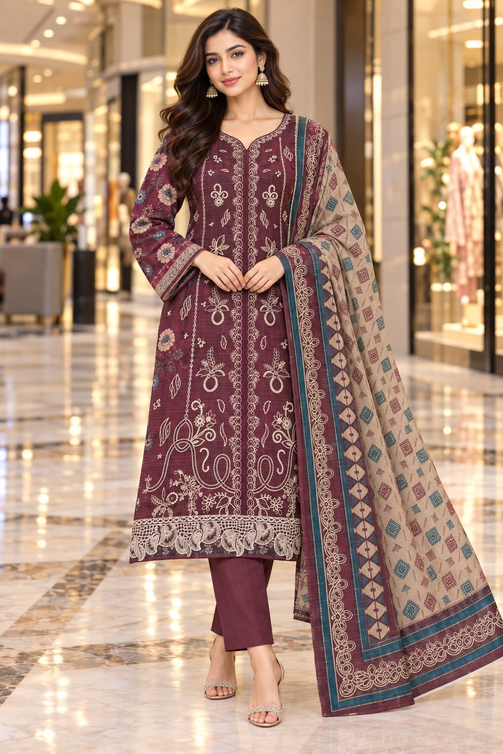 Unstitched Luxury Shine Lawn 3 Piece Embroidered Suit | Front Embroidered Lawn Shirt with Printed Back & Sleeves, Embroidered Dupatta & Dyed Trouser