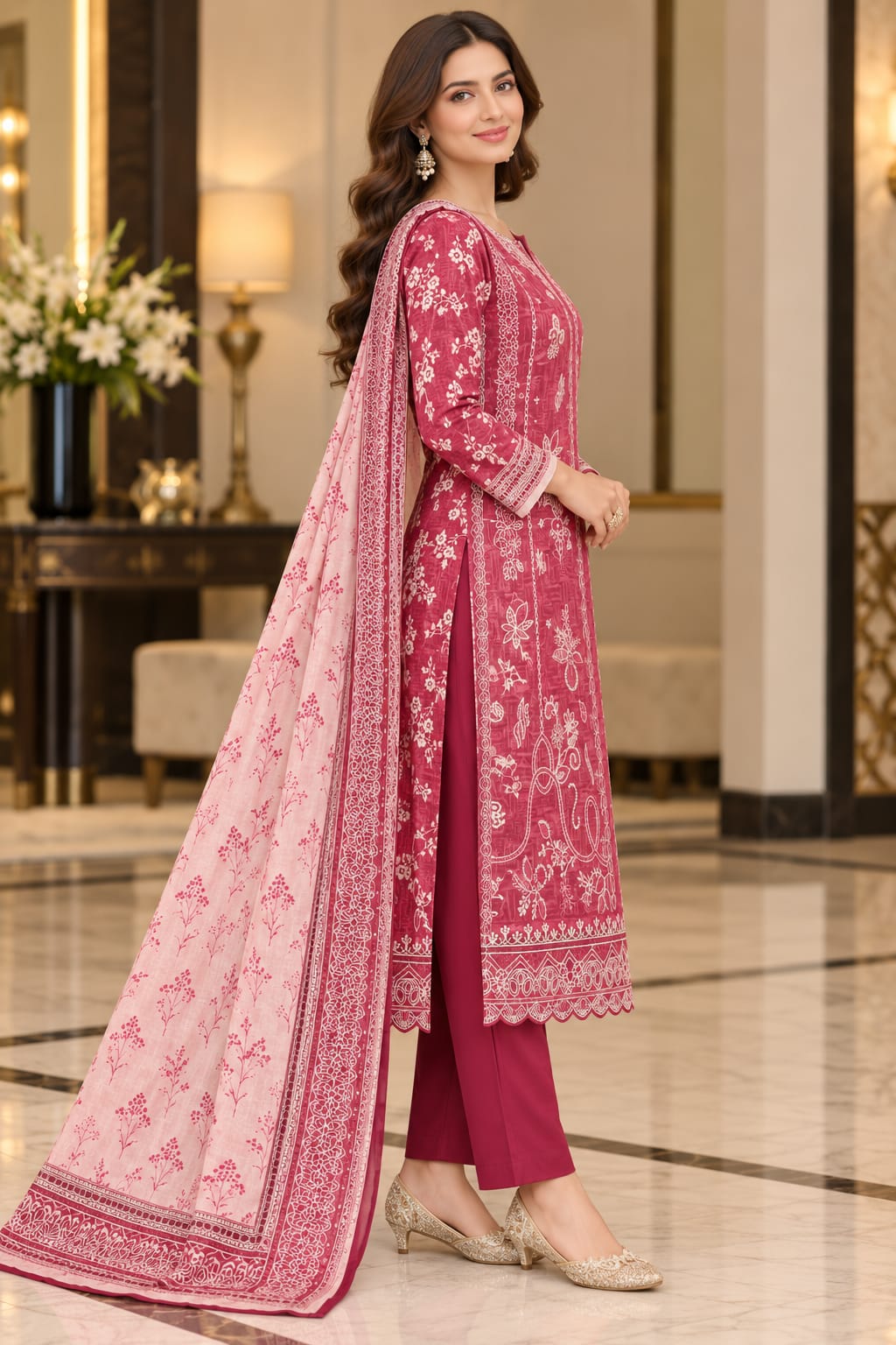 Unstitched Luxury Shine Lawn 3 Piece Embroidered Suit | Front Embroidered Lawn Shirt with Printed Back & Sleeves, Embroidered Dupatta & Dyed Trouser