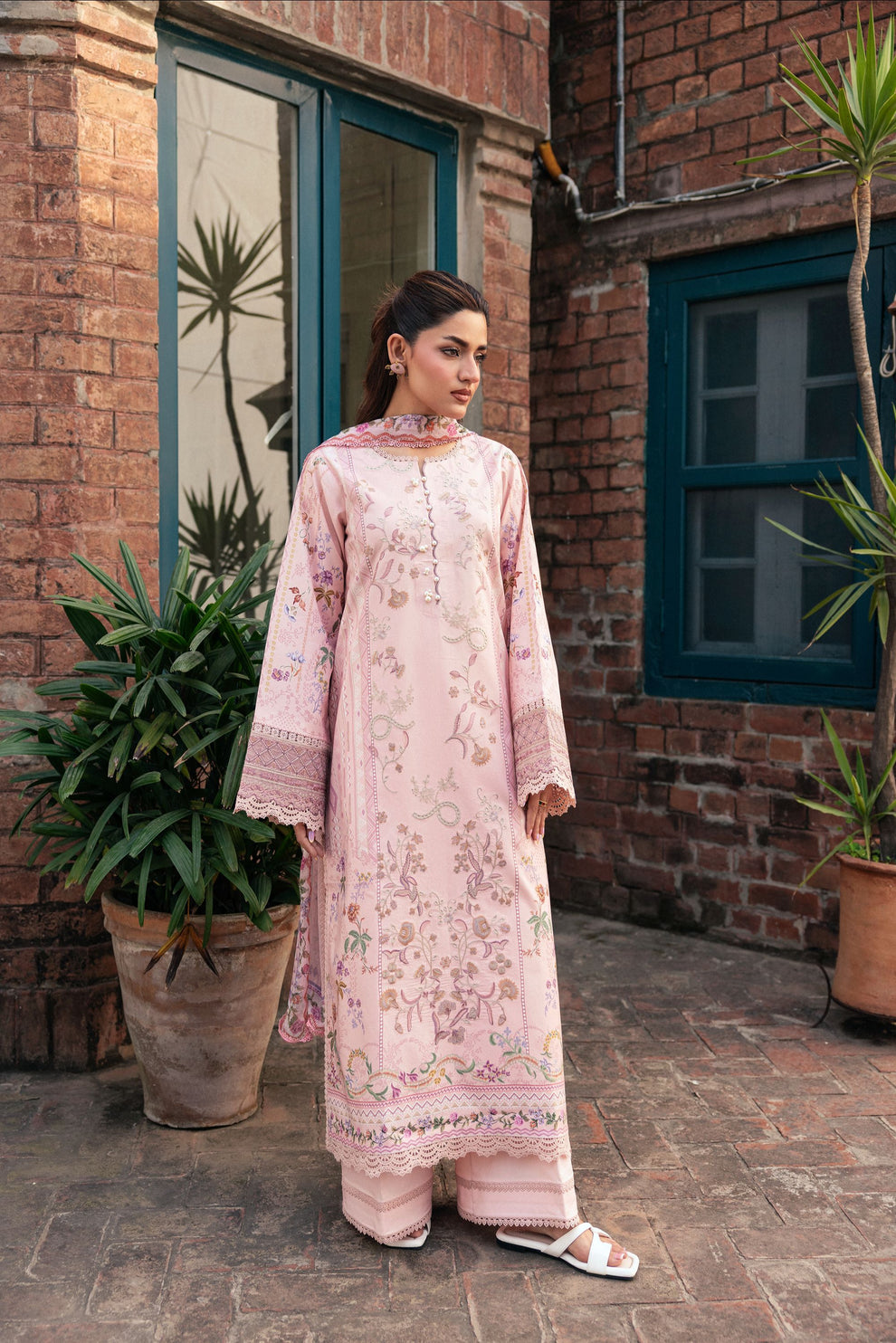 Unstitched 3 Piece Digital Printed Lawn Suit with Embroidered Organza Neckline, Hem & Sleeves Borders | Chiffon Dupatta