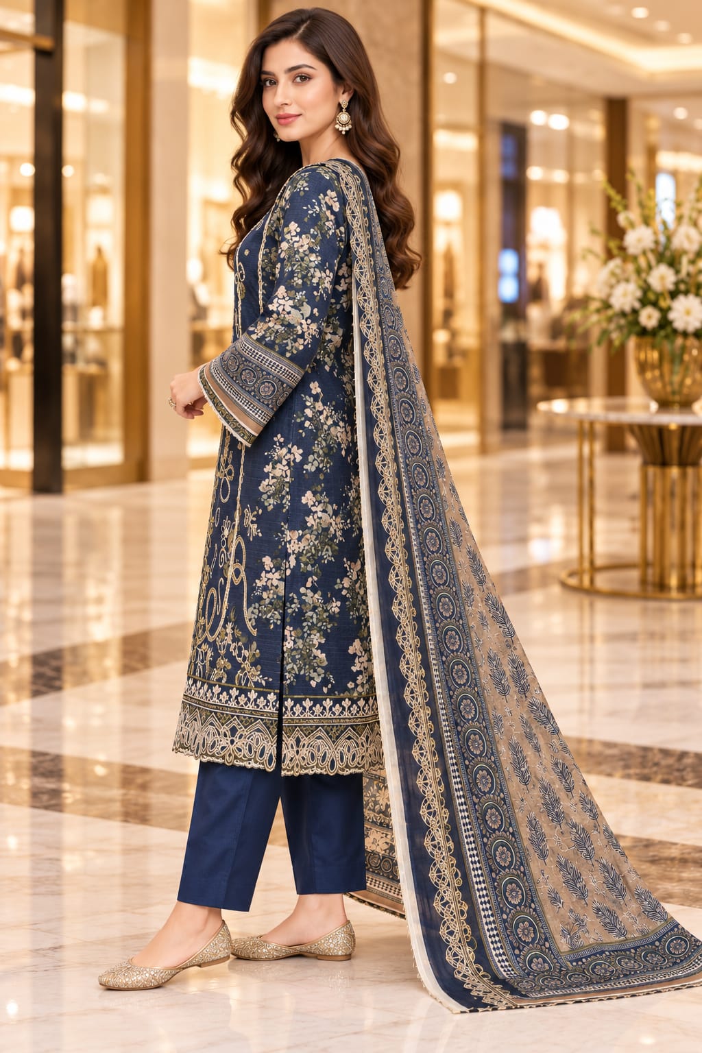 Unstitched Luxury Shine Lawn 3 Piece Embroidered Suit | Front Embroidered Lawn Shirt with Printed Back & Sleeves, Embroidered Dupatta & Dyed Trouser
