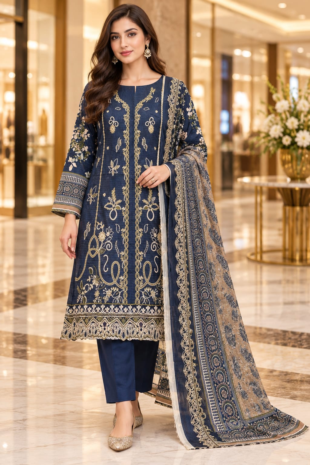 Unstitched Luxury Shine Lawn 3 Piece Embroidered Suit | Front Embroidered Lawn Shirt with Printed Back & Sleeves, Embroidered Dupatta & Dyed Trouser
